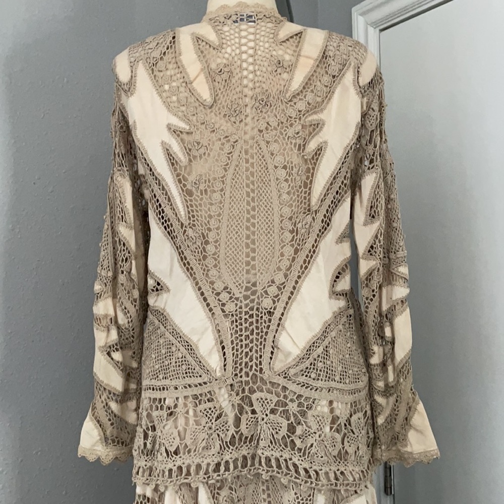 Boho Crochet Lace Duster Cardigan Kimono Neutral Beige Festival Layering Piece - Picture 6 of 11